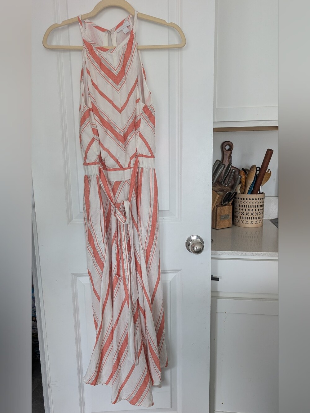 New York & Company | Coral and White Striped Maxi Dress